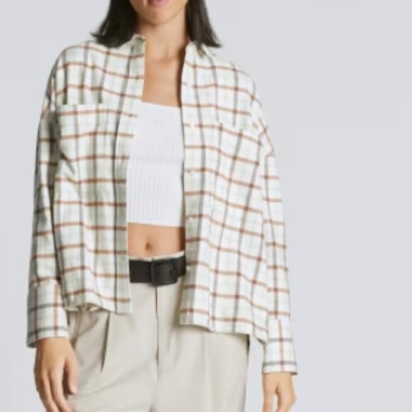 Everlane The Boxy Flannel Shirt Tobacco Plaid Seafoam - Picture 3 of 9
